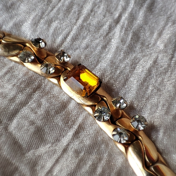 Vintage Gold Tone Signed KAFIN NEW YORK Link Bracelet Prong Set Topaz Citrine - Picture 2 of 16